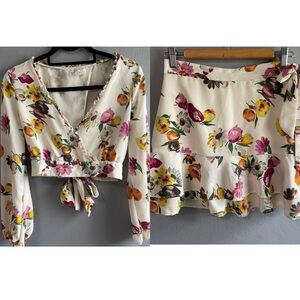Zara set of floral tiered mini skirt and long sleeves tie back top. M/ L